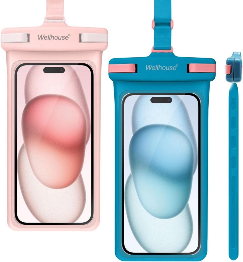 Wellhouse Waterproof Phone Pouch, Waterproof Phone Case for iPhone 16 15 14 13 12 Pro Max XS Samsung, IPX8 3D Cellphone Dry Bag Beach Essentials (2 Pack - Blue & Pink7.0, 7 inch) - Image 1